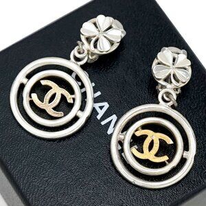 CHANEL CC Logos Clover Dangle Earrings Silver & Gold Tone 96P Auth w/Box b1077